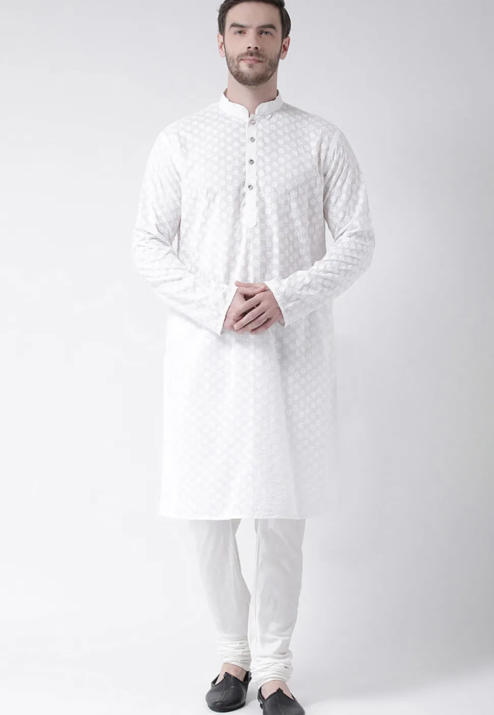 Embroidered Pure Cotton Kurta Set in White