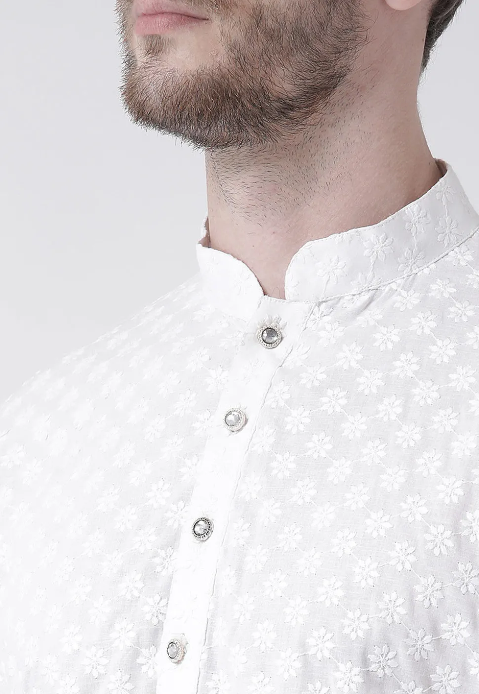 Embroidered Pure Cotton Kurta Set in White