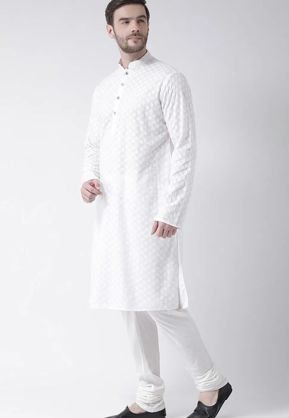 Embroidered Pure Cotton Kurta Set in White
