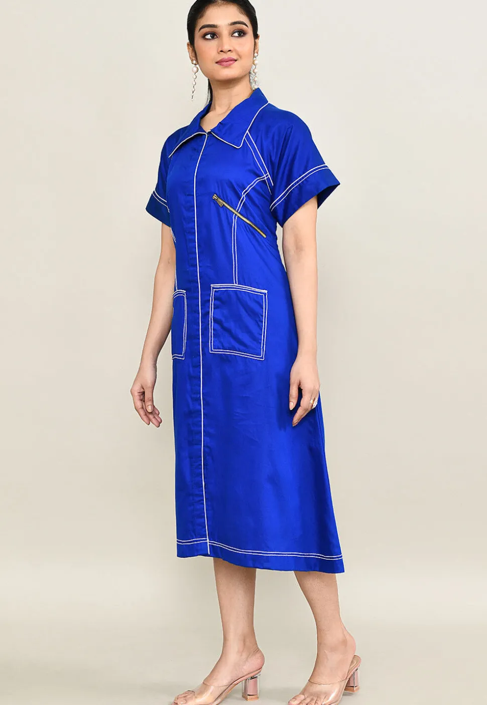 Embroidered Pure Cotton Midi Dress in Royal Blue