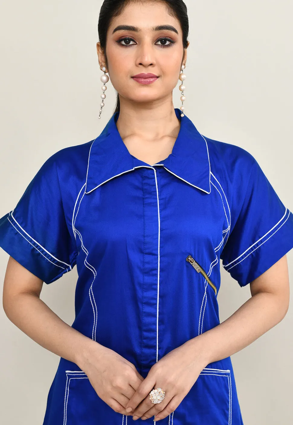 Embroidered Pure Cotton Midi Dress in Royal Blue