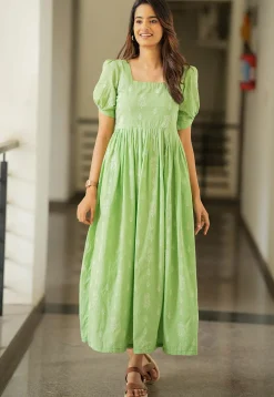 Embroidered Pure Cotton Maxi Dress in Light Green