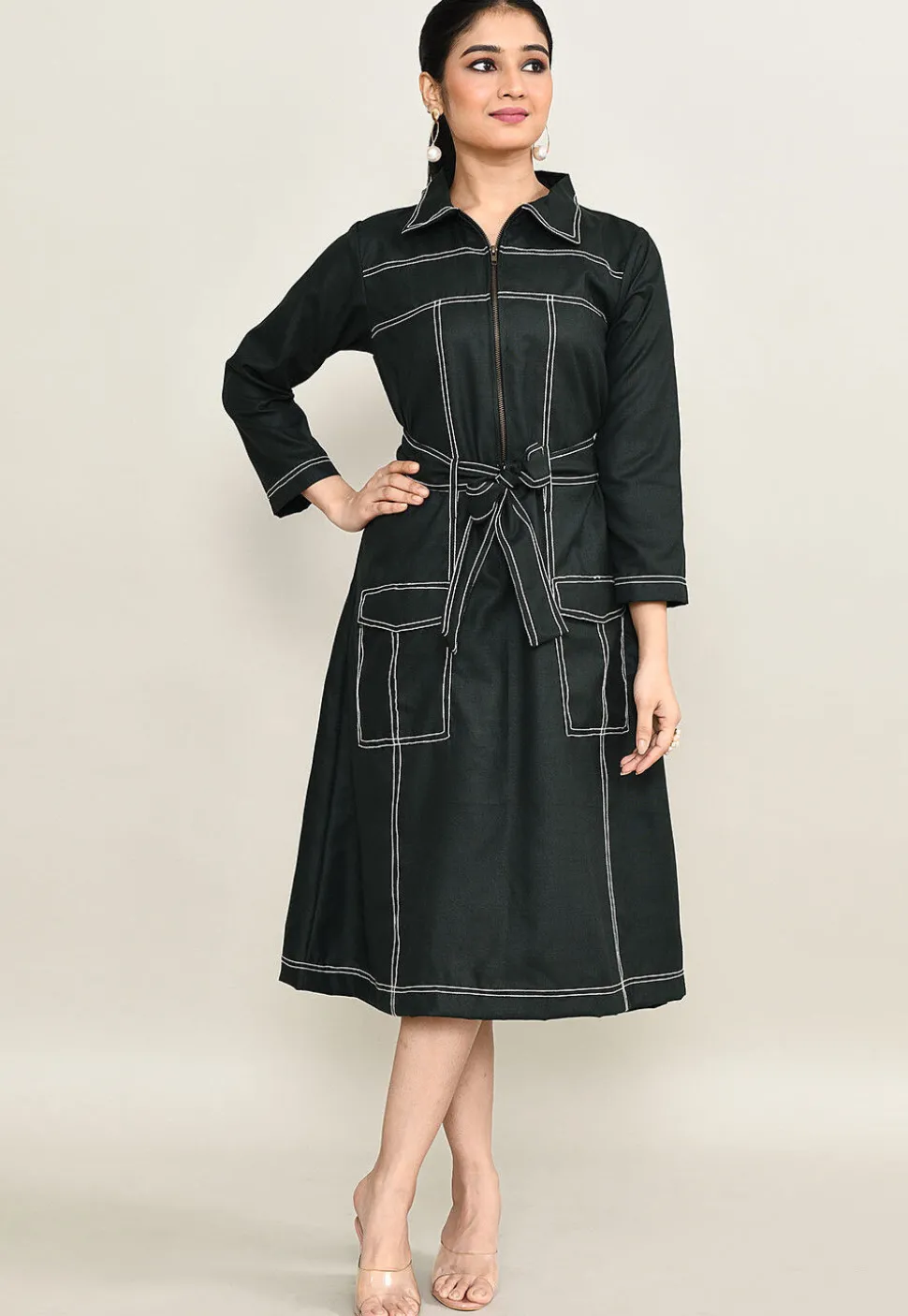 Embroidered Pure Cotton Midi Dress in Black