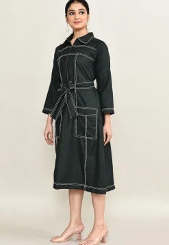 Embroidered Pure Cotton Midi Dress in Black