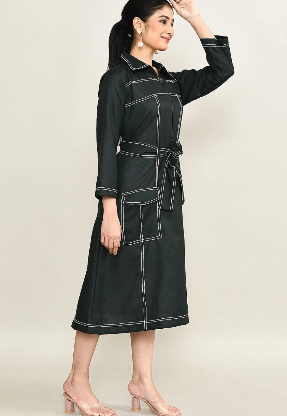 Embroidered Pure Cotton Midi Dress in Black
