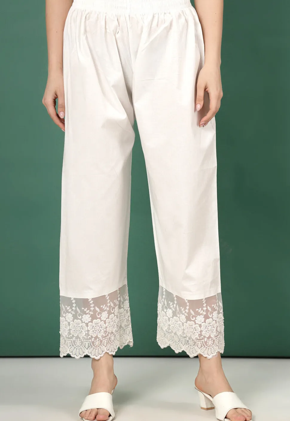 Embroidered Pure Cotton Palazzo in Off White
