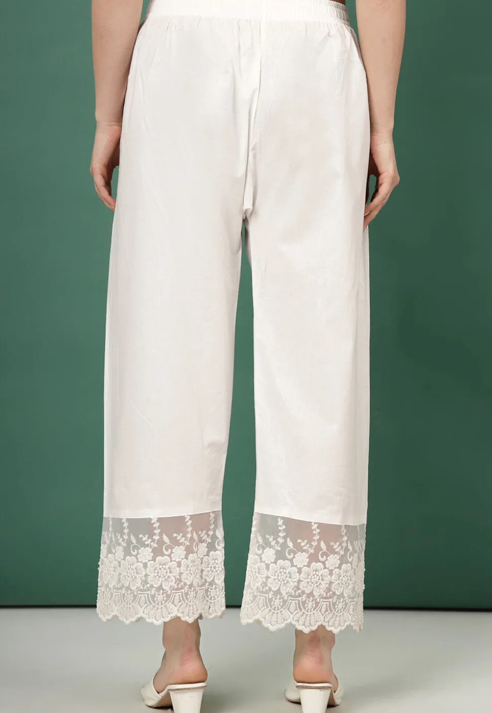 Embroidered Pure Cotton Palazzo in Off White