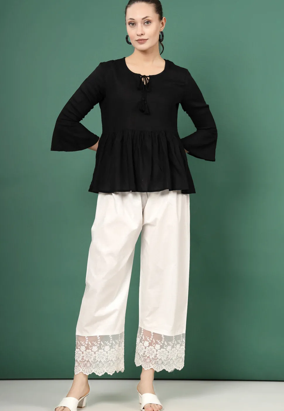 Embroidered Pure Cotton Palazzo in Off White