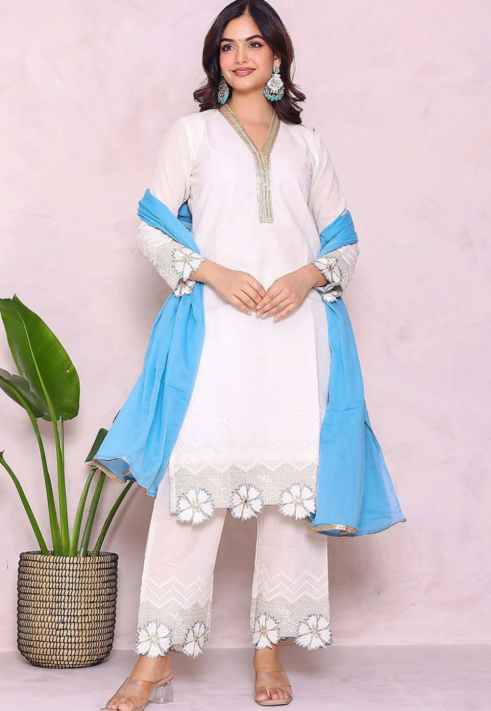 Embroidered Pure Cotton Pakistani Suit in White