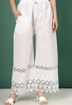 Embroidered Pure Cotton Palazzo in White