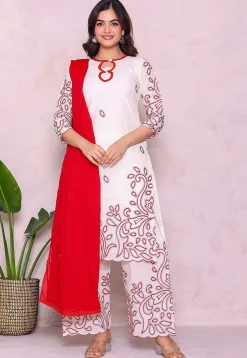 Embroidered Pure Cotton Pakistani Suit in Off White