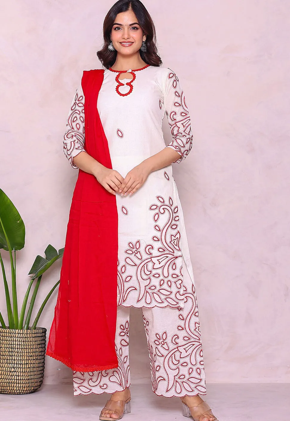 Embroidered Pure Cotton Pakistani Suit in Off White