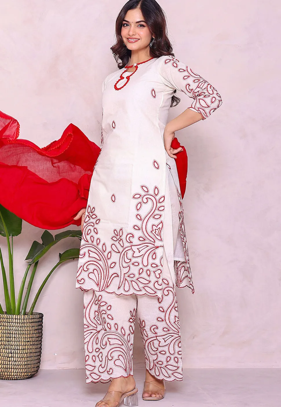 Embroidered Pure Cotton Pakistani Suit in Off White