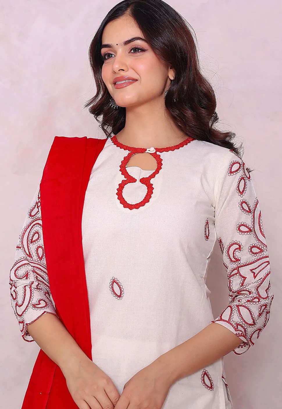 Embroidered Pure Cotton Pakistani Suit in Off White