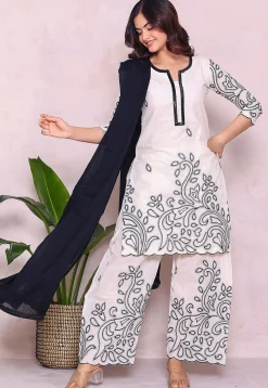 Embroidered Pure Cotton Pakistani Suit in Off White
