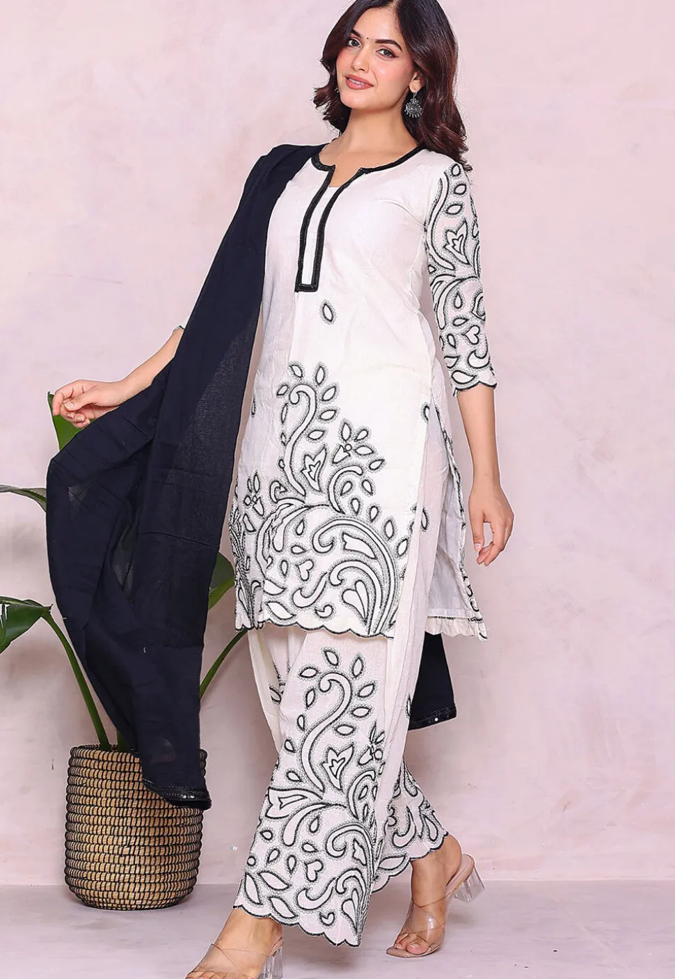 Embroidered Pure Cotton Pakistani Suit in Off White