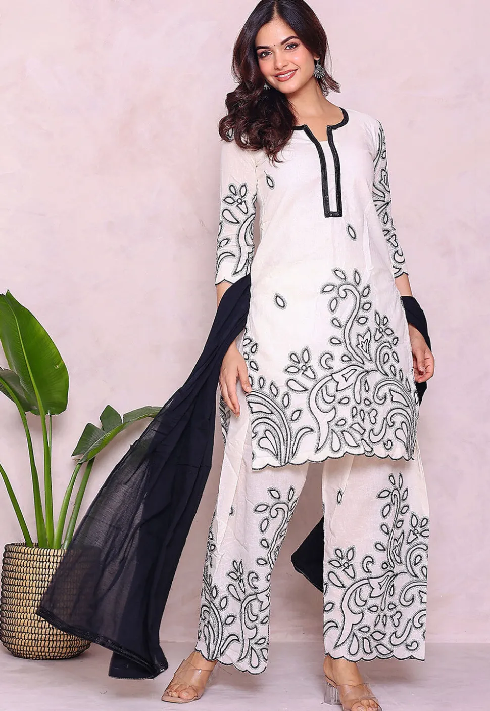 Embroidered Pure Cotton Pakistani Suit in Off White