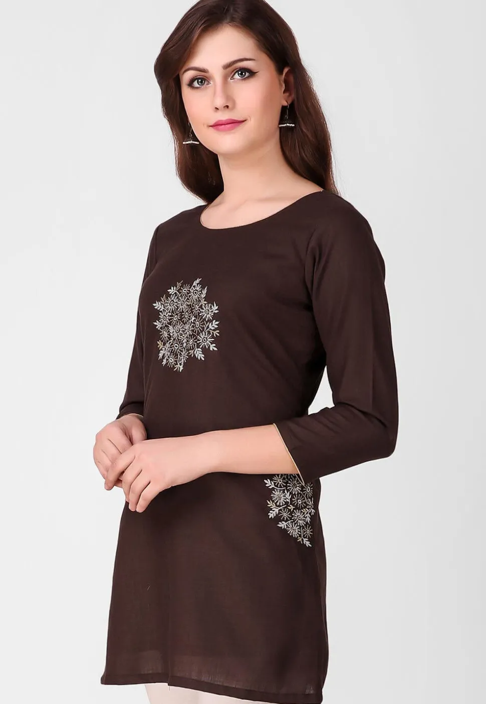 Embroidered Pure Cotton Silk Short Kurti in Dark Brown