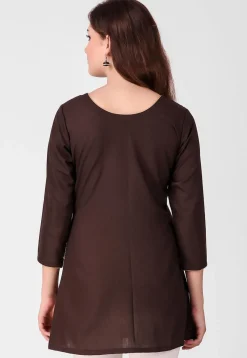 Embroidered Pure Cotton Silk Short Kurti in Dark Brown