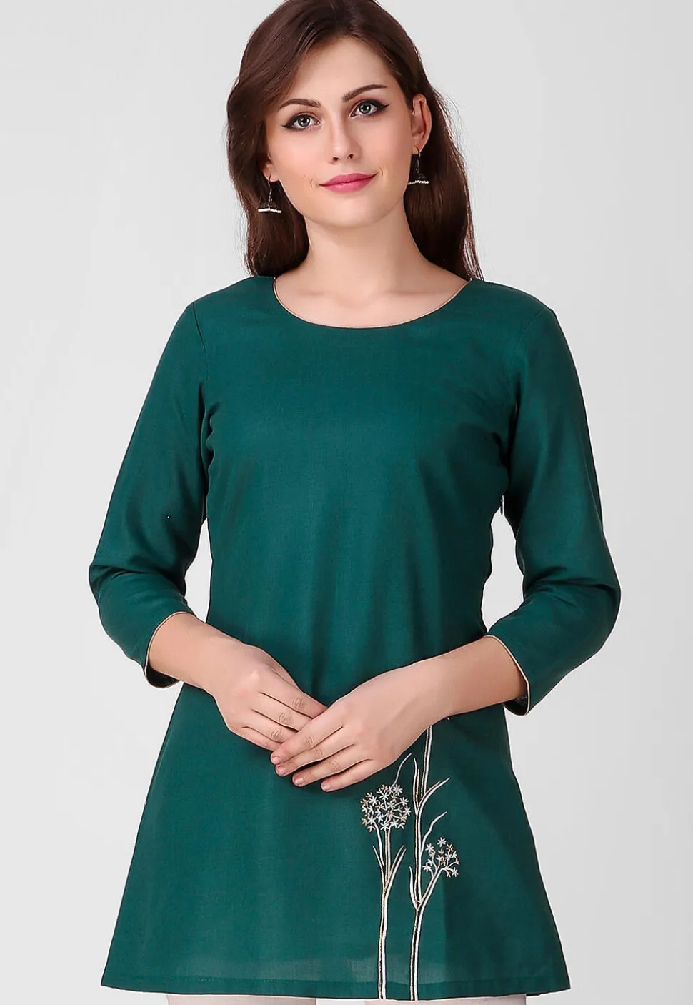 Embroidered Pure Cotton Short Kurti in Dark Teal Green