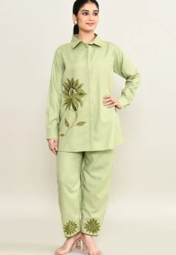 Embroidered Pure Cotton Shirt Set in Light Green
