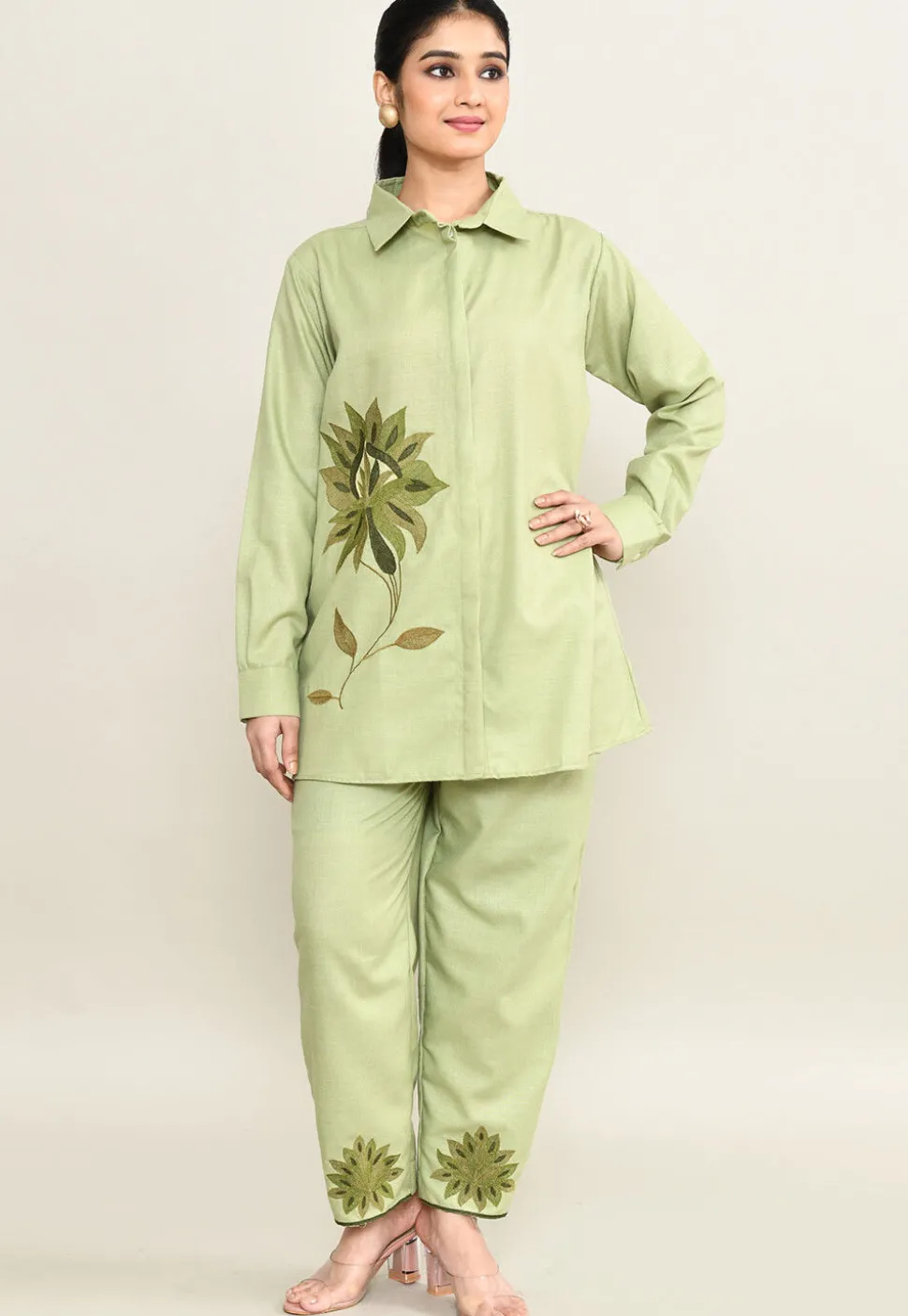 Embroidered Pure Cotton Shirt Set in Light Green