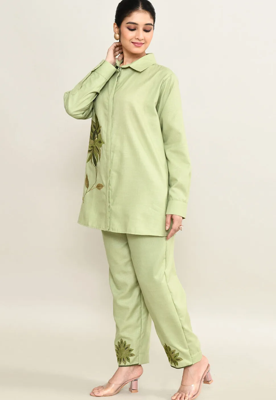 Embroidered Pure Cotton Shirt Set in Light Green