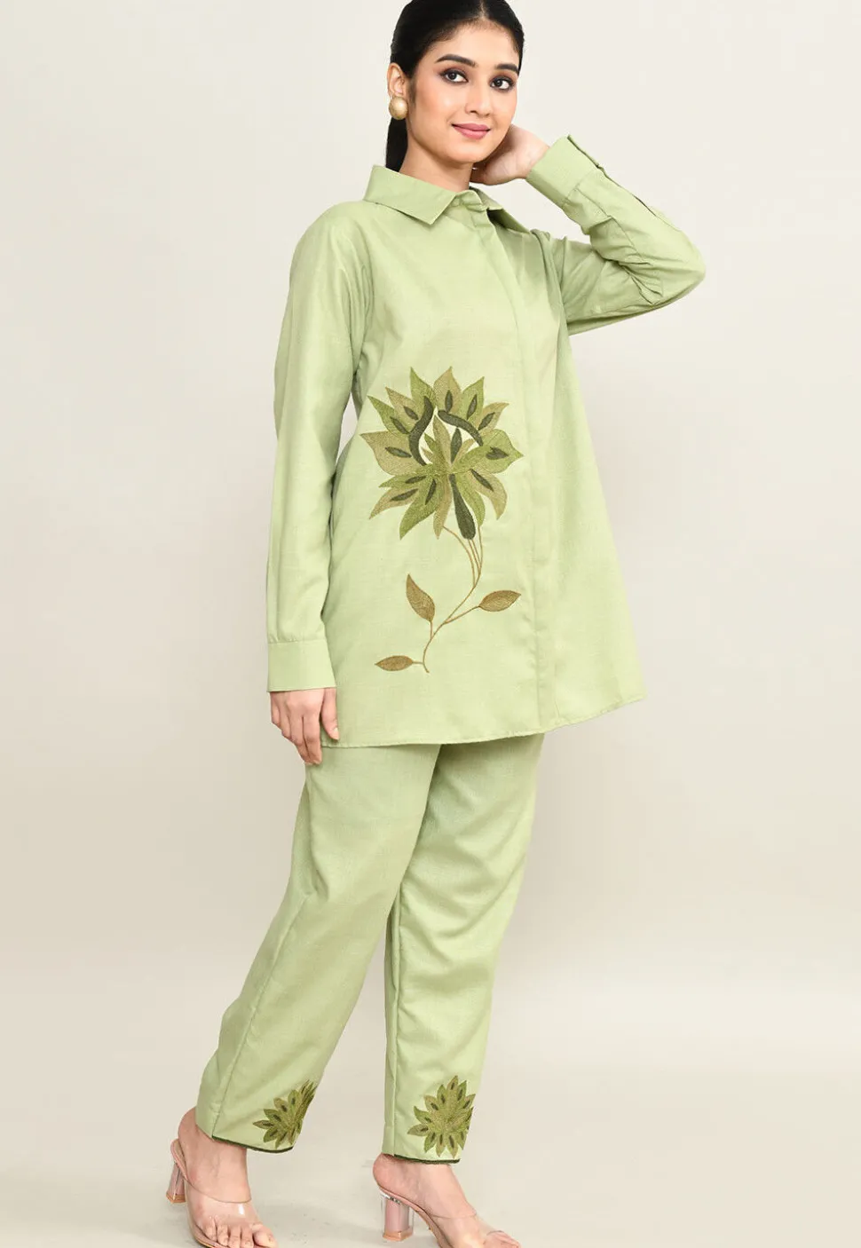 Embroidered Pure Cotton Shirt Set in Light Green