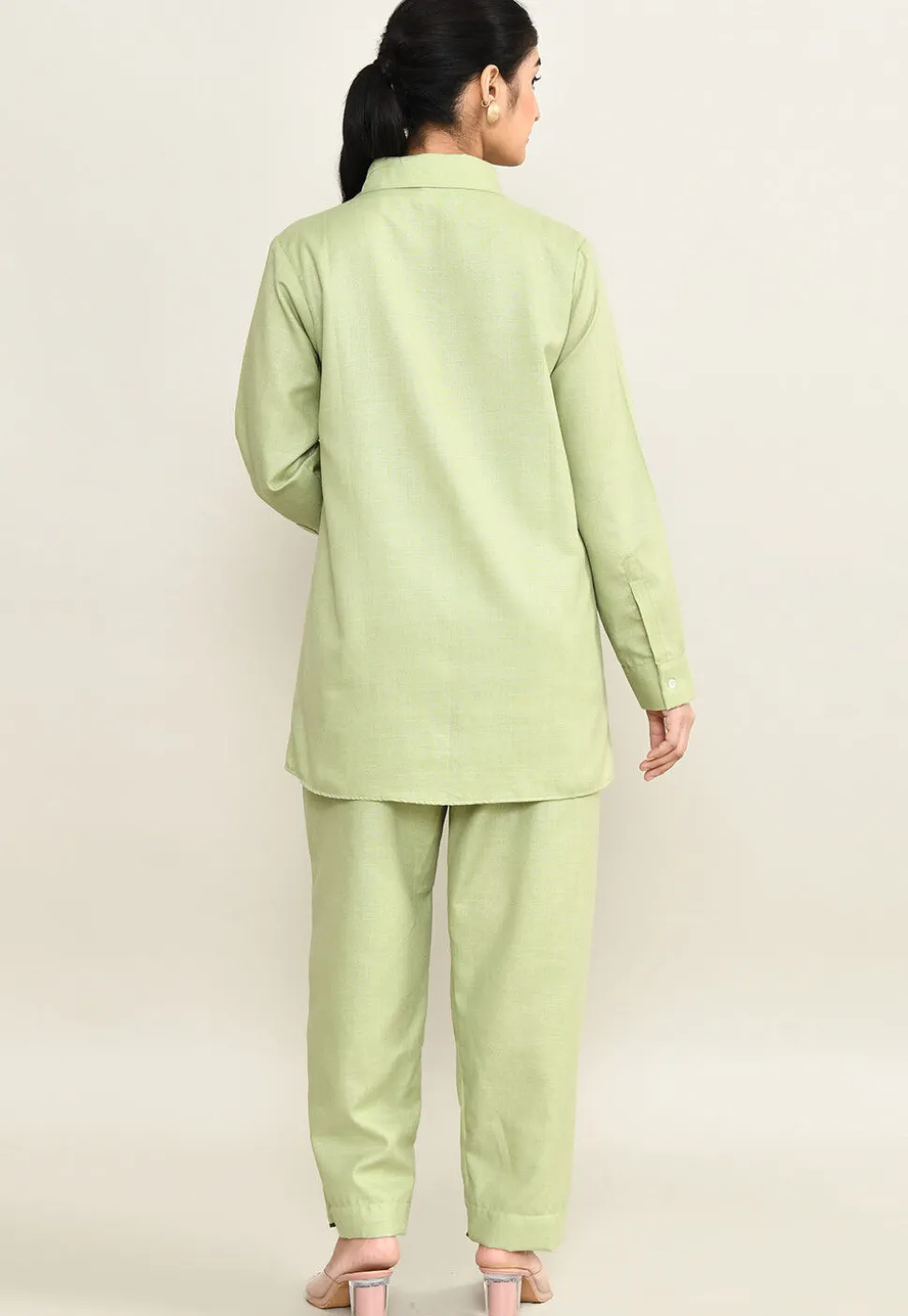 Embroidered Pure Cotton Shirt Set in Light Green
