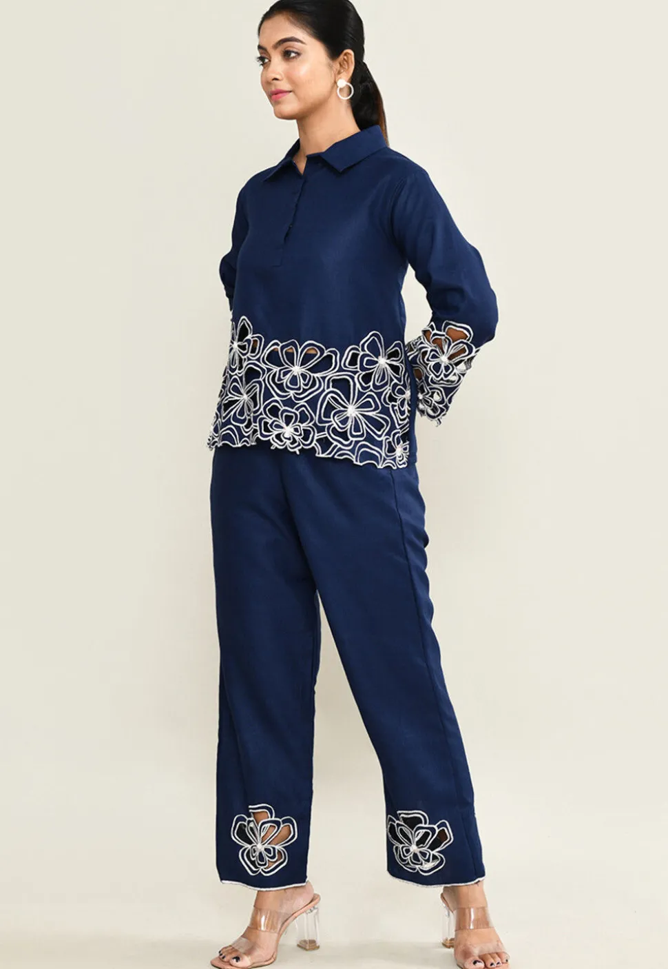 Embroidered Pure Cotton Top Set in Navy Blue