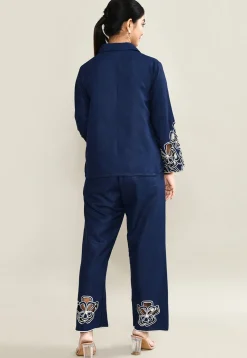 Embroidered Pure Cotton Top Set in Navy Blue