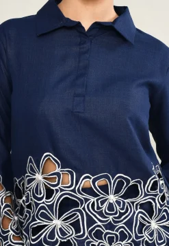 Embroidered Pure Cotton Top Set in Navy Blue