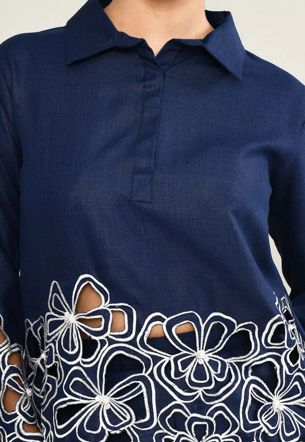 Embroidered Pure Cotton Top Set in Navy Blue