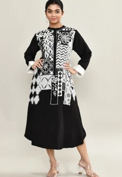 Embroidered Pure Crepe A Line Dress in Black