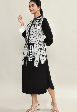 Embroidered Pure Crepe A Line Dress in Black