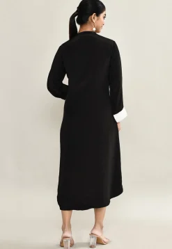 Embroidered Pure Crepe A Line Dress in Black
