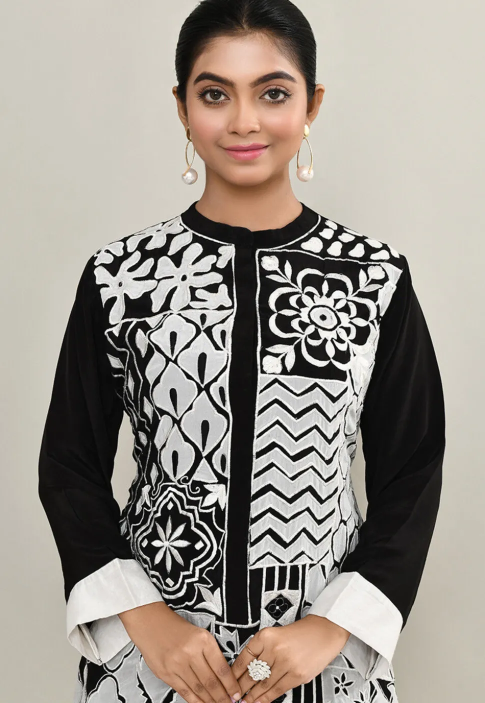 Embroidered Pure Crepe A Line Dress in Black