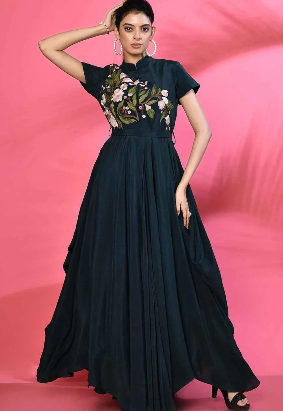 Embroidered Pure Crepe Asymmetric Gown in Dark Teal Blue