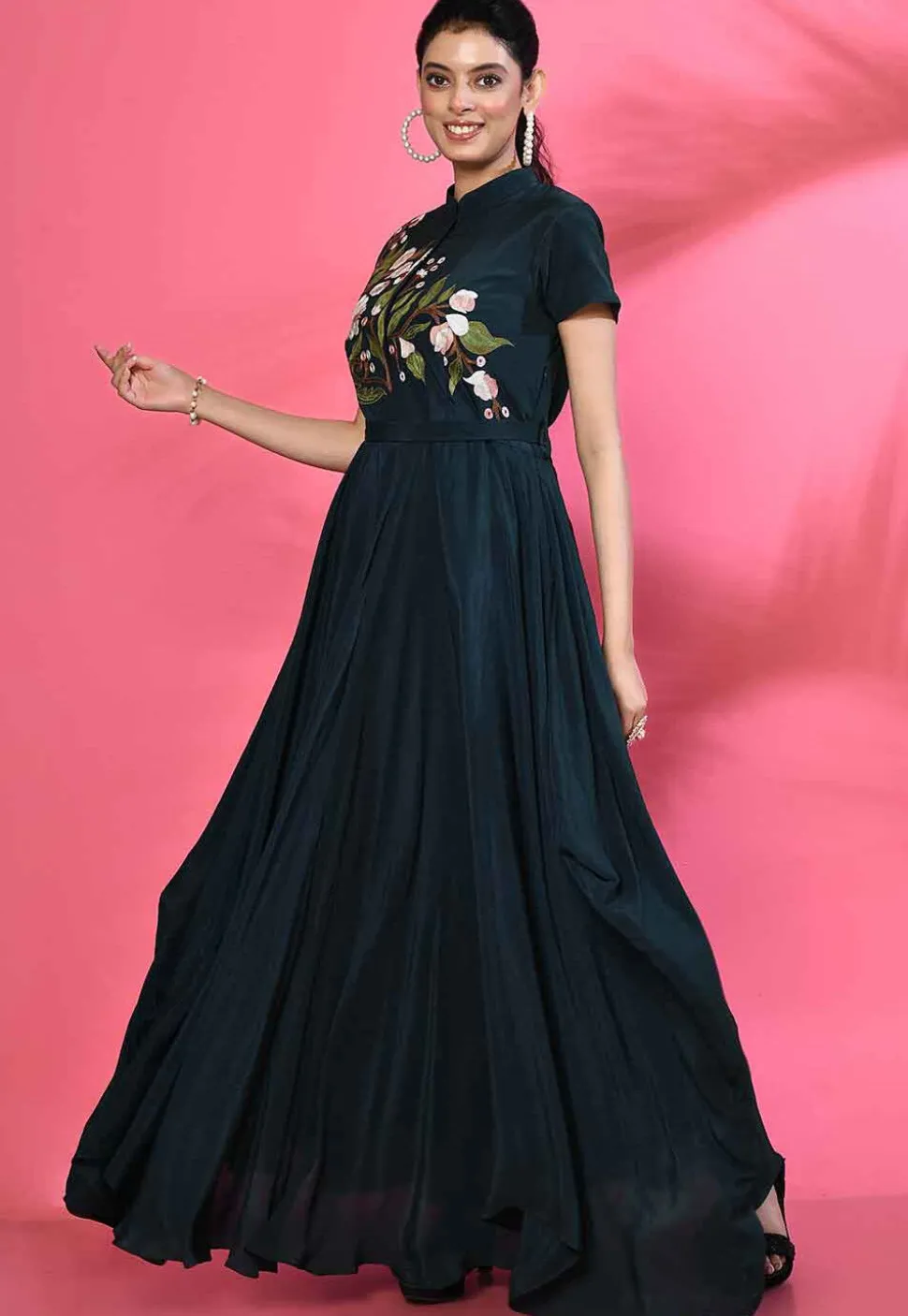Embroidered Pure Crepe Asymmetric Gown in Dark Teal Blue