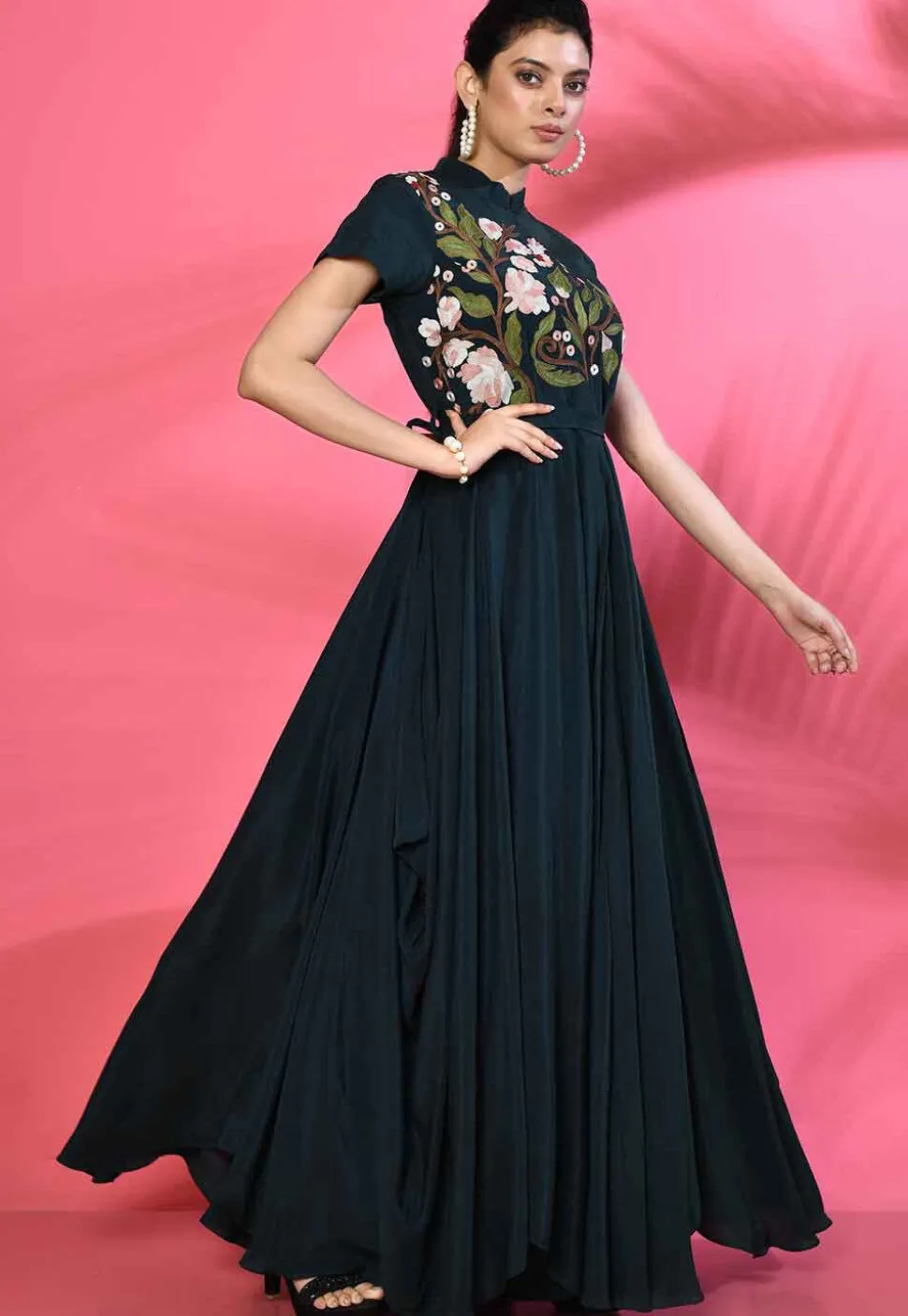 Embroidered Pure Crepe Asymmetric Gown in Dark Teal Blue
