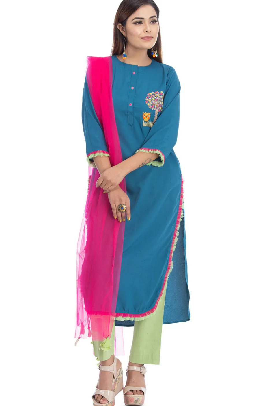 Embroidered Pure Crepe Pakistani Suit in Teal Blue