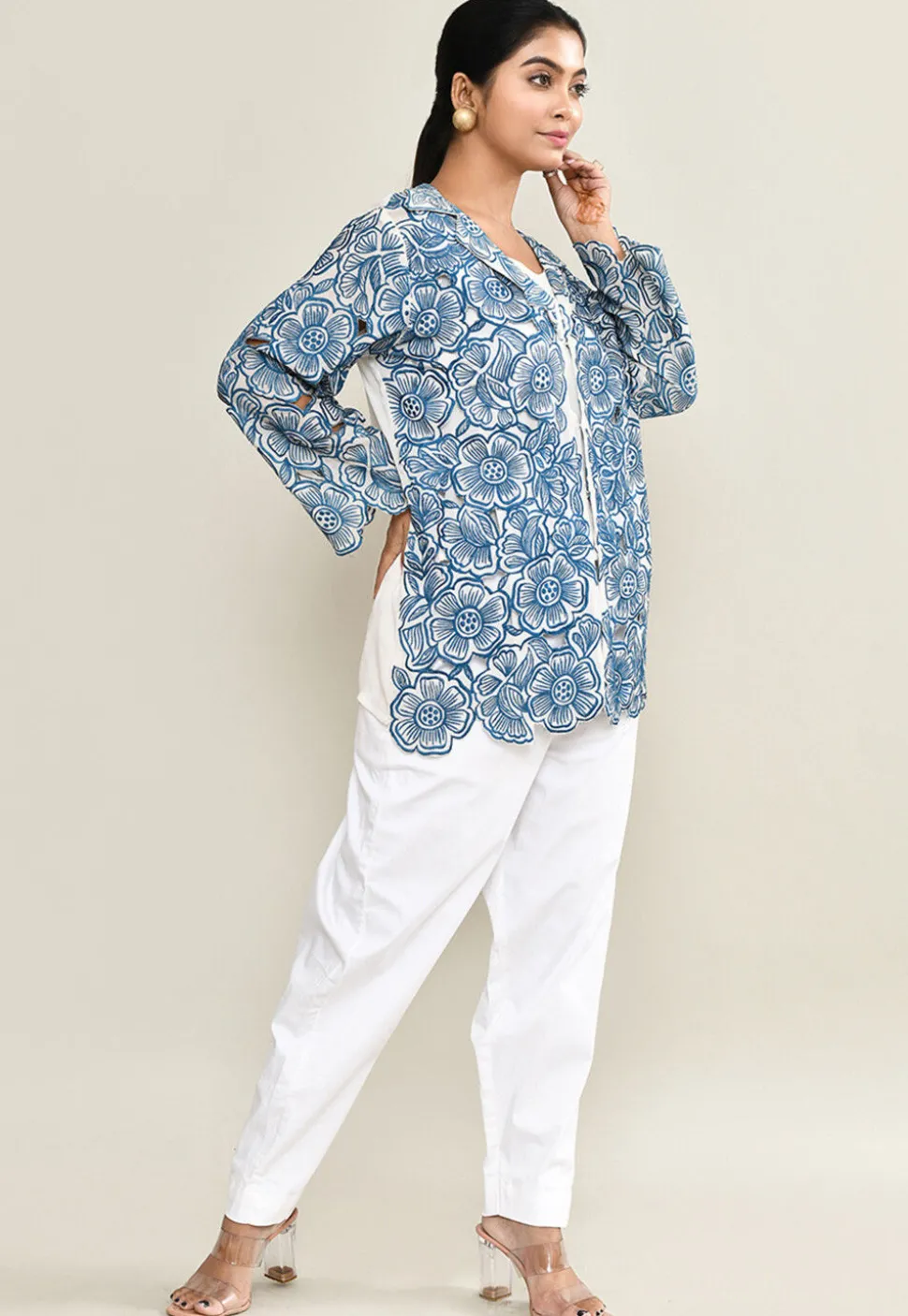 Embroidered Pure Crepe Top Set in White