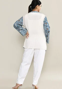 Embroidered Pure Crepe Top Set in White