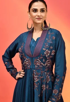 Embroidered Pure Dupion Silk Crop Top Set in Navy Blue