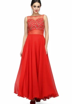 Embroidered Pure Georgette and Net Gown in Coral Red