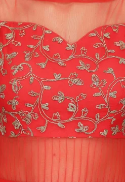 Embroidered Pure Georgette and Net Gown in Coral Red