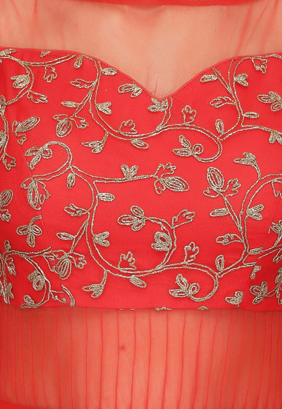 Embroidered Pure Georgette and Net Gown in Coral Red