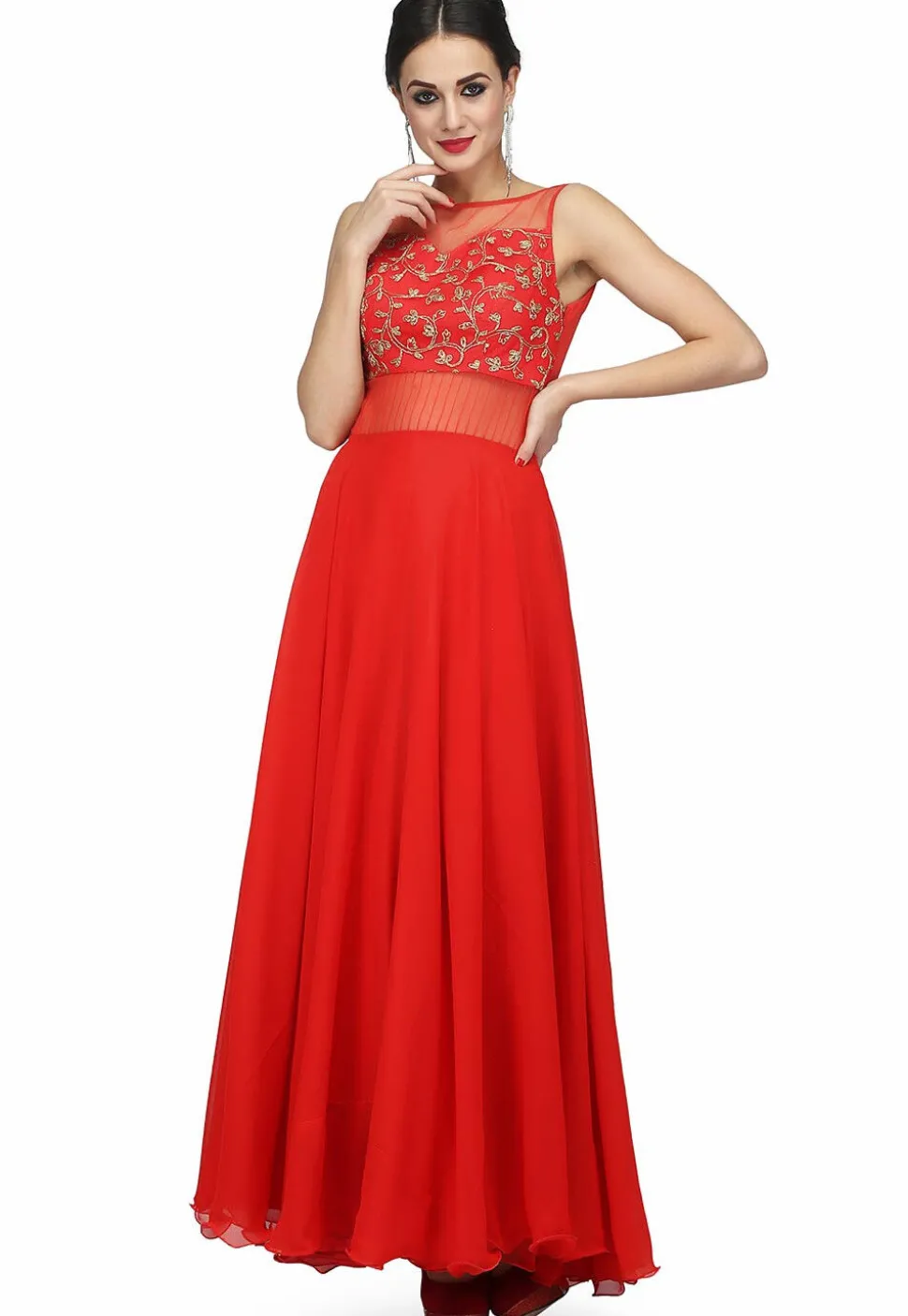 Embroidered Pure Georgette and Net Gown in Coral Red