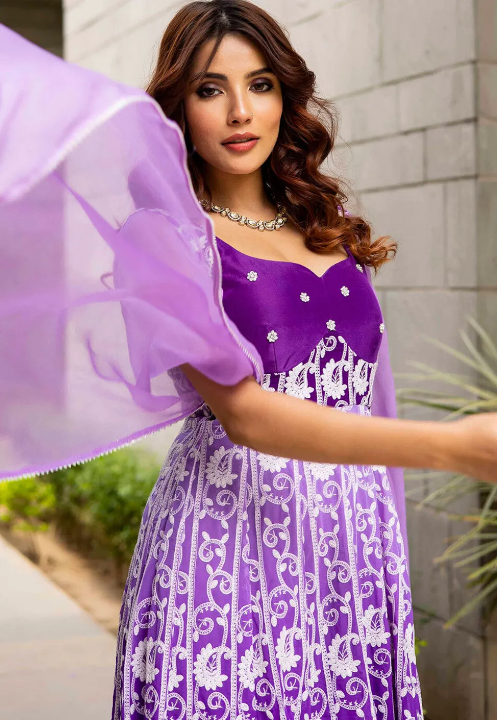 Embroidered Pure Georgette Gowns in Dark Purple