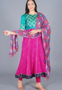 Embroidered Pure Georgette Anarkali Suit in Sea Green and Fuchsia